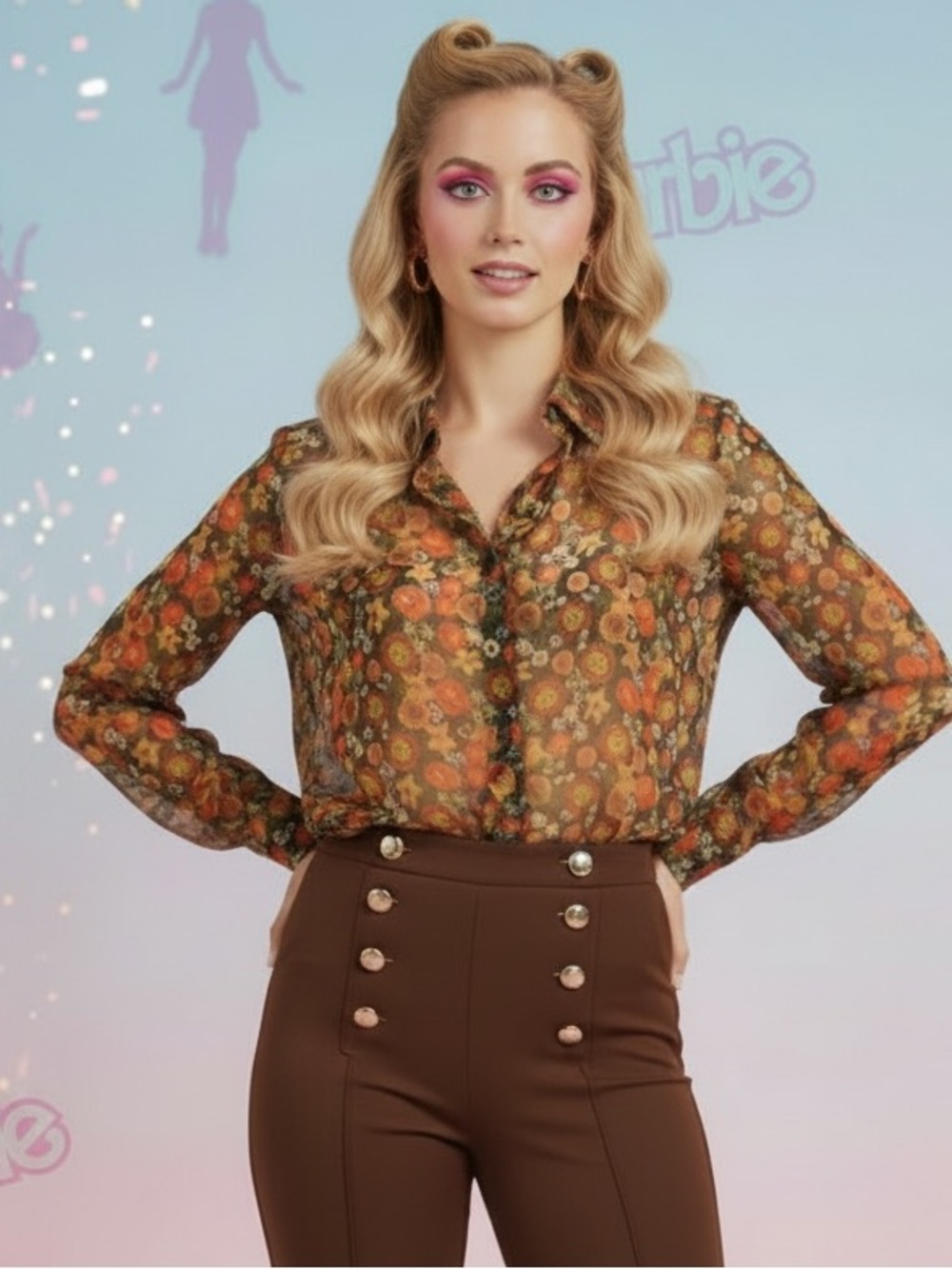 Barbie x Unique Vintage Gaucho Gear Sheer Button-Up Blouse, Brn/Orange, M, EUC